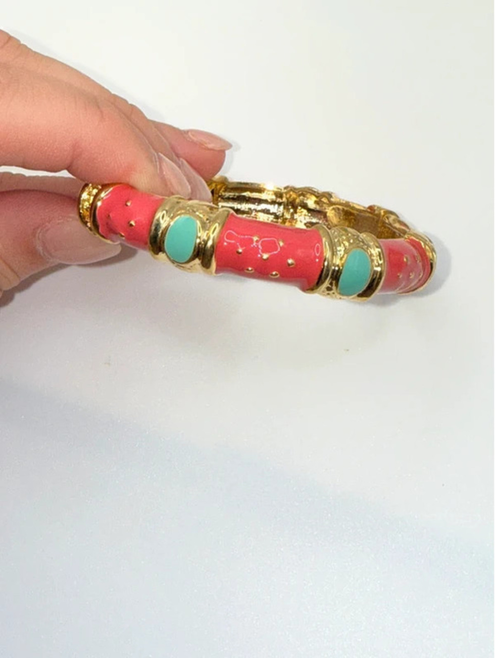 Fornash coral+turqoise+gold hinged bangle